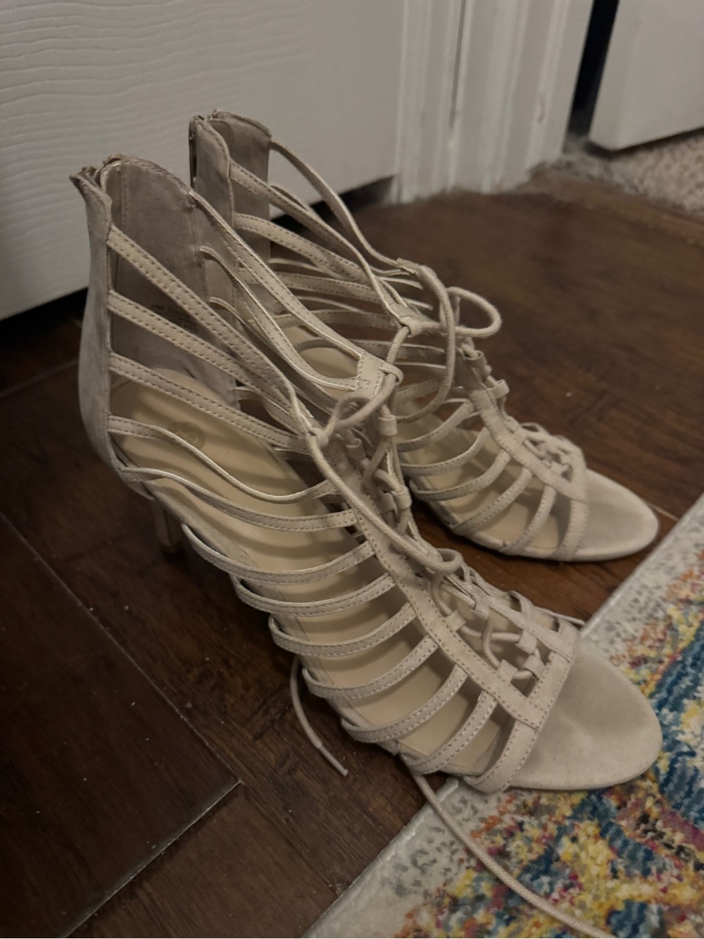 Lace-Up Strappy Heeled Sandals in Light Taupe